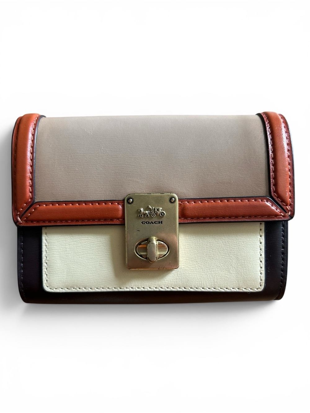 Coach Hutton Colorblock Wallet in Brass/Taupe Ginger Multi Leather Kisslock
